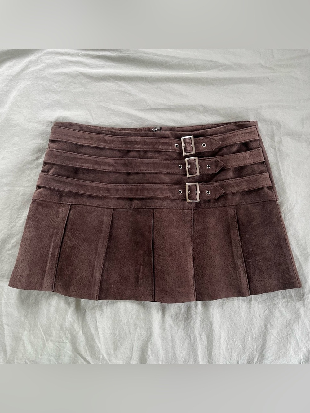 Mini Suede Pleated Buckle Skirt in Dark Brown